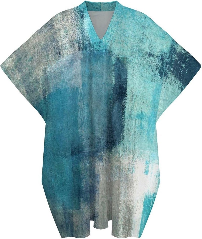 Hegropy Turquoise And Grey Art Artwork Pattern Men's V-neck Robe Middle East Arabian Robe Butterfly Sleeves Kaftan - Image 4